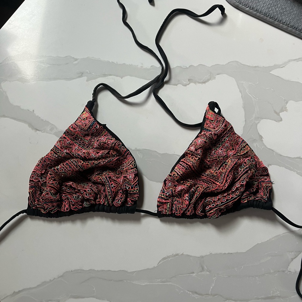 Xhiliration Black Pink Sequins Swim Top Triangle Halter - (L) - no tag.